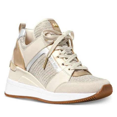 michael kors white shoes with gold|Michael Kors white wedge sneakers.